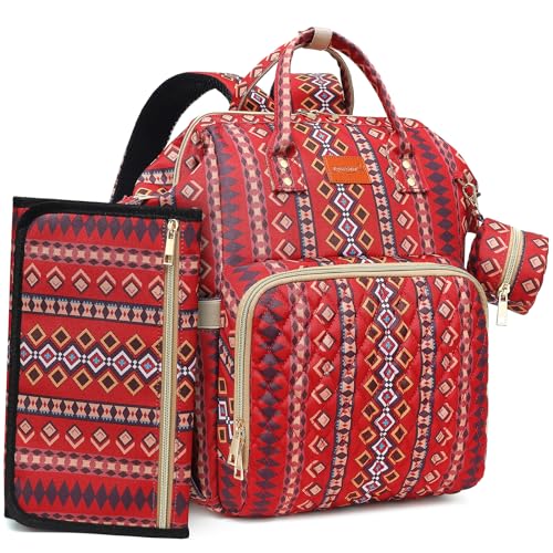 Image of ROSEGIN Western Boho Diaper Bag Backpack with Changing Pad Pacifier Case, Baby Bag for Boy Girl Toddler - 35L Large, Stylish Travel Quilted Diaper Bag for Mom - Baby Shower Gifts-Burgendy