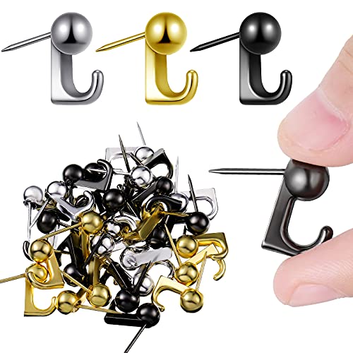 Image of Jetec 30 Pieces Metal Push Pin Hangers Pin Wall Hooks Picture Hanging Picture Nails Frame Oil Painting Hooks on Wooden or Fabric Wall for Home or Office(Gold, Silver, Black)