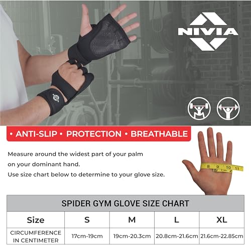 Image of Nivia Spider Gym Gloves for Men & Women, Breathable & Lightweight Design, Padded Palm for Enhanced Grip, Wrist Support Strap, Ideal for Weightlifting, Cycling, Fitness & Cross Training