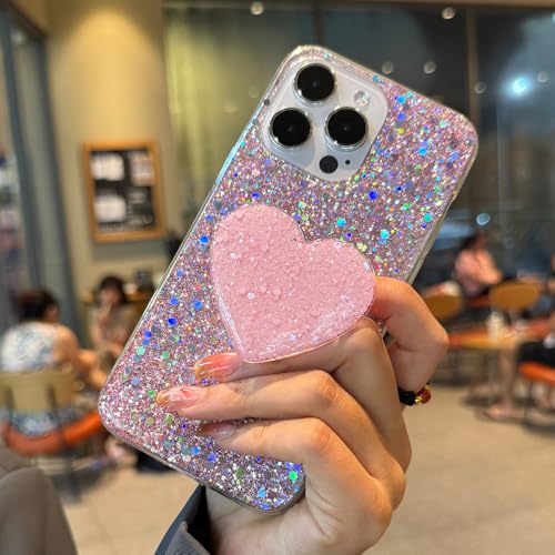 TONZISAN Case for iPhone 13 Case Glitter Bling for Women Girls Sparkle Cover, with Love Kickstand Holder Protective Gel Case 6.1 inch (Pink)