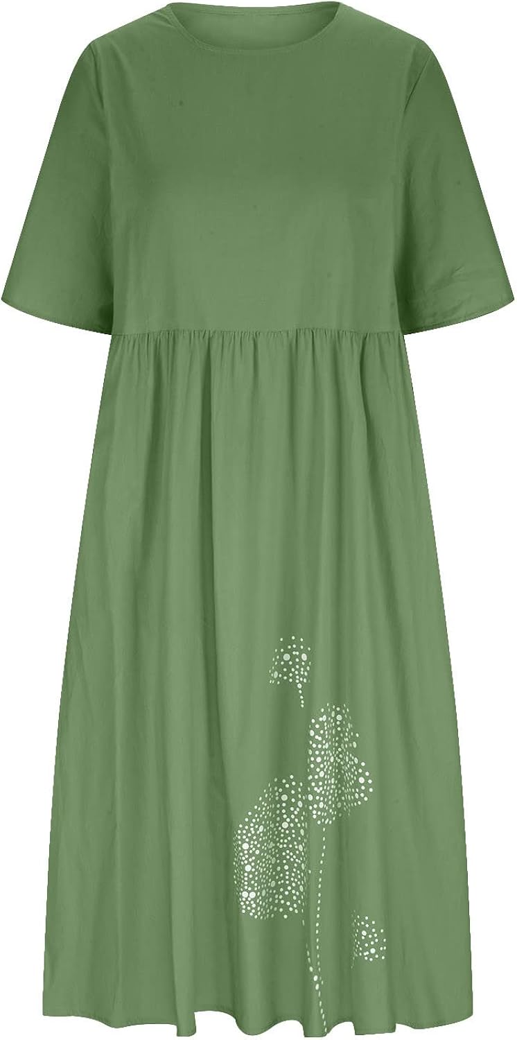 Miniatura 4 de Vestidos cóctel invitados boda Vestido fluido algodón y lino Vestido Cuello Redondo Manga Corta Vestido Fiesta