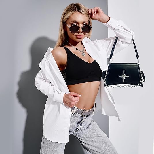 Shoulder Bag for Women, Y2k Purse Matching Silver Star Pattern with Rave Earrings, Y2K Star Necklace Accessories Set, Vegan Leather Hobo Handbags, Gothic Grunge Punk Style for Women3