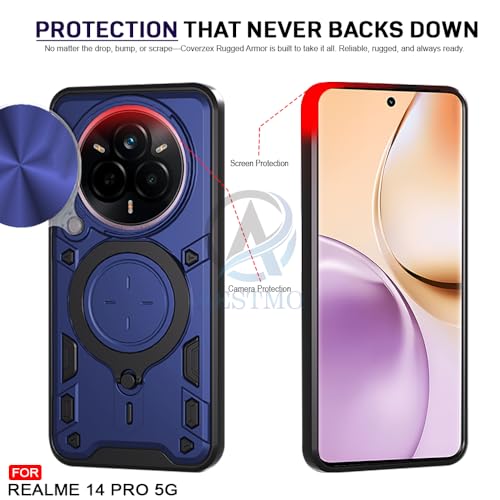 Image of AESTMO Armor Realme 14 Pro 5G Bumper Back Case Cover | Ring Holder & CD Pattern Sliding Camera Shutter Cover | Back Case Cover for Realme 14 Pro 5G (Blue)
