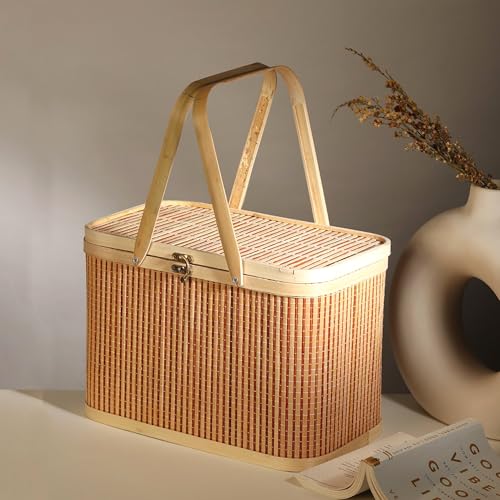 Image of Habere India-All the Cultures Fabricating India Basket for Lunch | Bamboo Picnic Basket with Top Handle | Morden Picnic Baskets Ideal for Outdoor Dining and Family Picnics (Beige : L33xW21xH20 cm)