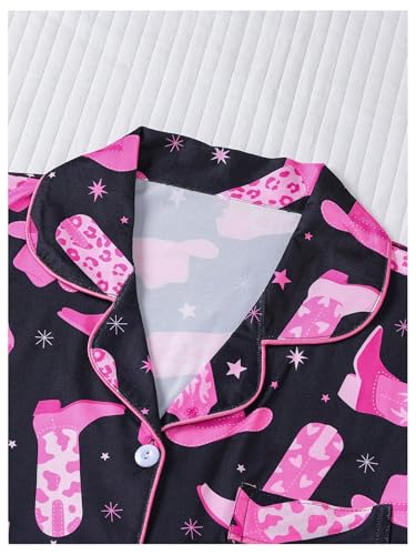 WDIRARA Women's 2 Piece Boots Graphic Pajama Set Pocket Patched Button Down Shirt with Shorts Satin Sleepwear3