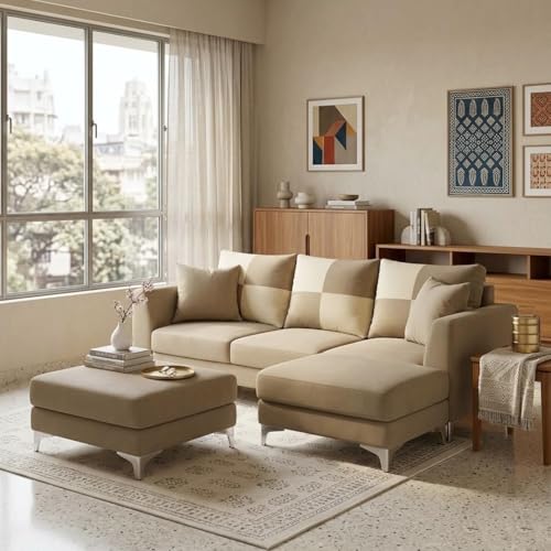 Image of Romeo 5 Seater L Shape Sofa Set with 2 Movable Ottomans | Flexible Layout | Rich Velvet Suede Fabric | Silver Legs | Modern Sofa for Living Room (Beige)