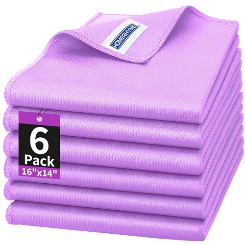 HOMERHYME Microfiber Cleaning Cloth - 6 Pack Glasses Cleaning Cloth, 16" x 14" Window Cleaning Rags, Streak Free Lint Free Polishing Cloths Wipes for Eye Glass, Stainless Steel, Windshield, Purple