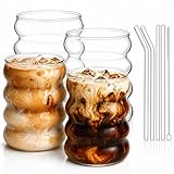 ALINK Lot de 4 Verres Côtelés de 530 ml Avec Pailles en Verre - Pour Café Glacé, Eau, Long Drink, Cocktail, Soda - Idée Cadeau