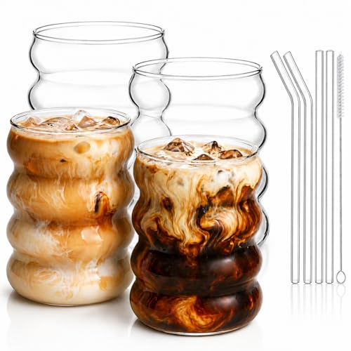 ALINK Lot de 4 Verres Côtelés de 530 ml Avec Pailles en Verre - Pour Café Glacé, Eau, Long Drink, Cocktail, Soda - Idée Cadeau
