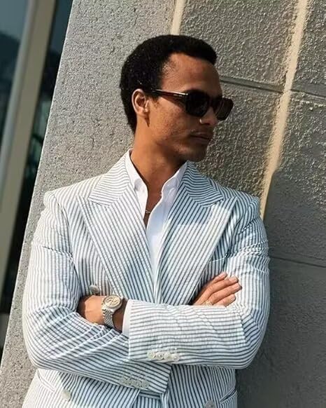 Seersucker Suit Mens 2 Piece Double Breasted Striped Seersucker Casul Summer Beach Men Suits2