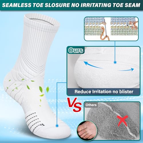 Hylaea Compression Running Socks for Men, Coolmax Anti-Blister Cushion Crew Socks for Athletic Basketball Tennis, Moisture Wicking & Seamless, Elite White Large