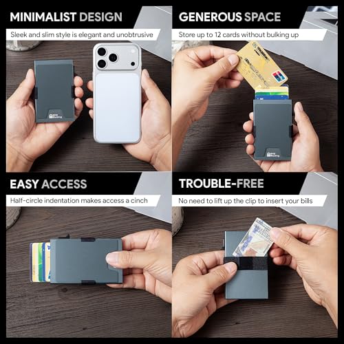 Image of Minimalist Mens Card Holder Wallet, RFID Blocking Slim Smart Pop Up Aluminum Wallet,Holds 12+ Cards,Expandable Compact Plate,Cash Strap /Money Clip (Grey)