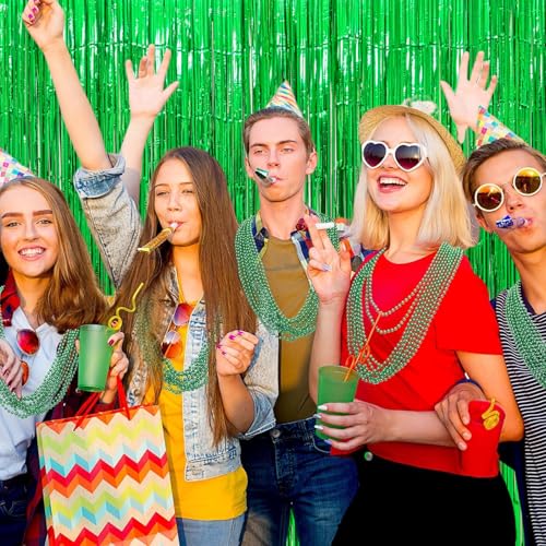 Image of 4 Pack Green Foil Fringe Curtains, 13.2x6.6ft Jungle Theme Streamers Backdrop for Birthday, St Patrick's Day, Christmas, Dinosaur, Animal, Football Themed Party| Green Streamers Party Decorations