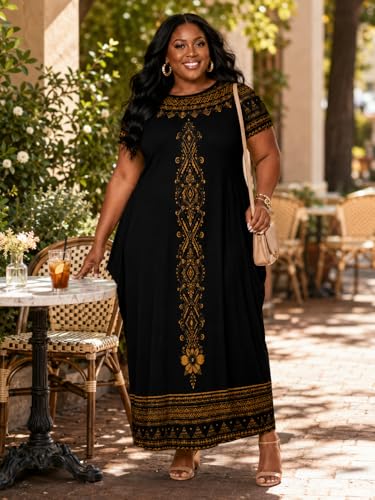 Image of Plus Size Maxi Dress for Women Short Sleeve V Neck Casual Loose Sundress with Pockets