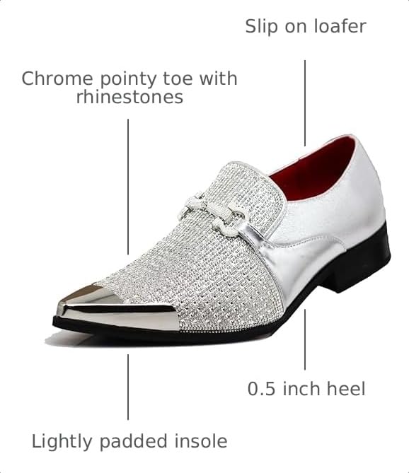 Image of Enzo Romeo Crisino Men Rhinestone Chrome Toe Suede Pointy Buckle Dress Loafer Slip On Shoes (Silver 03, US Footwear Size System, Adult, Men, Numeric, Medium, 11)