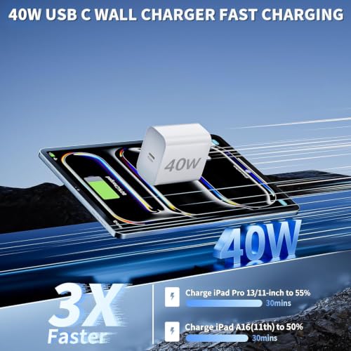 Image of iPad Pro Charger,iPad Charger Fast Charging,40W USB C Wall Charging Adapter with 6FT USBC to C Long Cable Cord for Apple iPad Pro 13 /12.9 /11 in 2026-2018,iPad 11th(A16),iPad Air 5th /4th,i Pad mini 6 /7