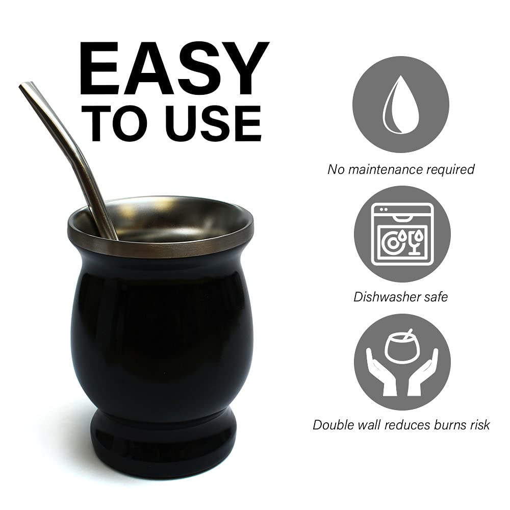 Yerba Mate-Tee Set per due tazze termomate in acciaio inox nero e argento | Bombilla Stohhalm per tè | Set di tazze da tè Mate, facile da pulire e molto resistente