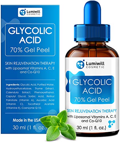 Glycolic Acid Peel 70% - Made in USA - Natural Glycolic Acid for Effective AHA Chemical Peel, Skin Lightening, Acne Scars, Blackheads Removal - Glycolic Serum + Liposomal Vitamins A, C, E & CoQ10