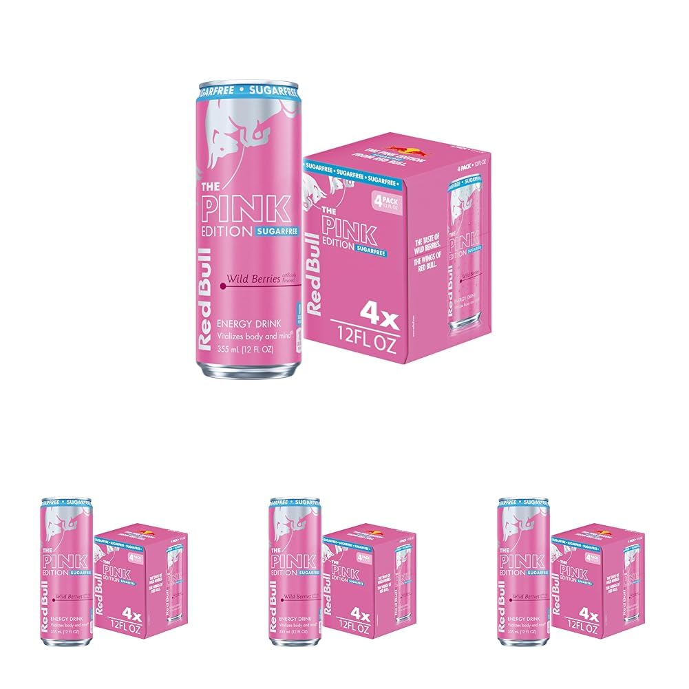 Red Bull Pink Edition Sugar Free Energy Drink, Wild Berries, 12 fl. oz., Pack of 16 cans, with 80mg Caffeine, Taurine & B Vitamins