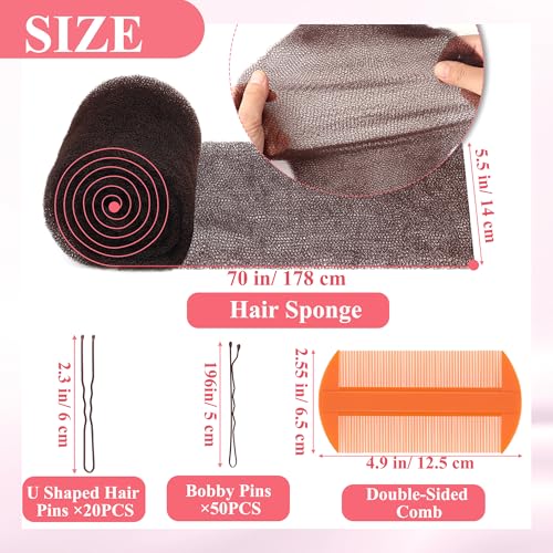 Coldairsoap Hair Sponge for Updo, Hair Mesh for Updos with 50P U Shape Pin, Bobby Pins & Comb Hair Bumps for Volume Insert, HAIR Padding Non-Irritating, All-Day Hold Bun Maker (Brown)