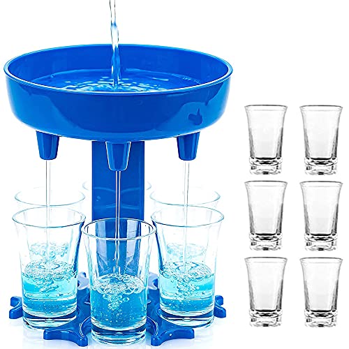 HOUJIN 6 Shot Glass Dispenser and Holder, Shots Dispenser with Wine Glass, Dispenser For Filling Liquids, Multiple 6 Shot Dispenser, Bar Shot Dispenser, Cocktail Dispenser, Suitable for Parties (Blue)
