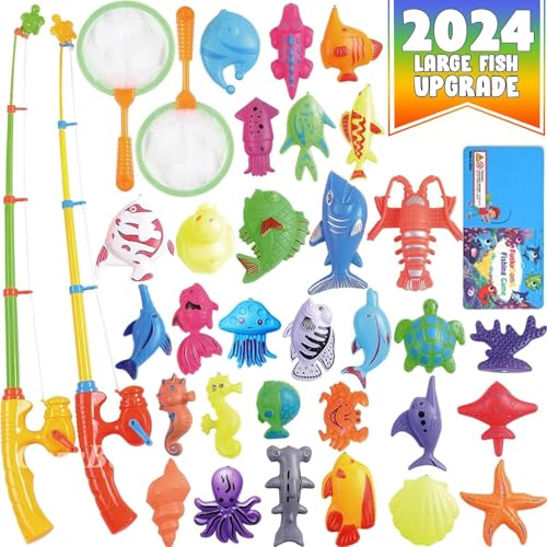 Image of CozyBomB™ Magnetic Fishing Pool Toys Game for Kids - Water Table Bathtub Kiddie Party Toy with Pole Rod Net Plastic Floating Fish Toddler Color Ocean Sea Animals Gifts Age 3 4 5 6 Year Old