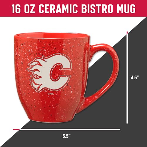 Image of Rico Industries NHL Hockey Calgary Flames Red Personalized 16 oz Team Color Laser Engraved Speckled Ceramic Coffee Mug
