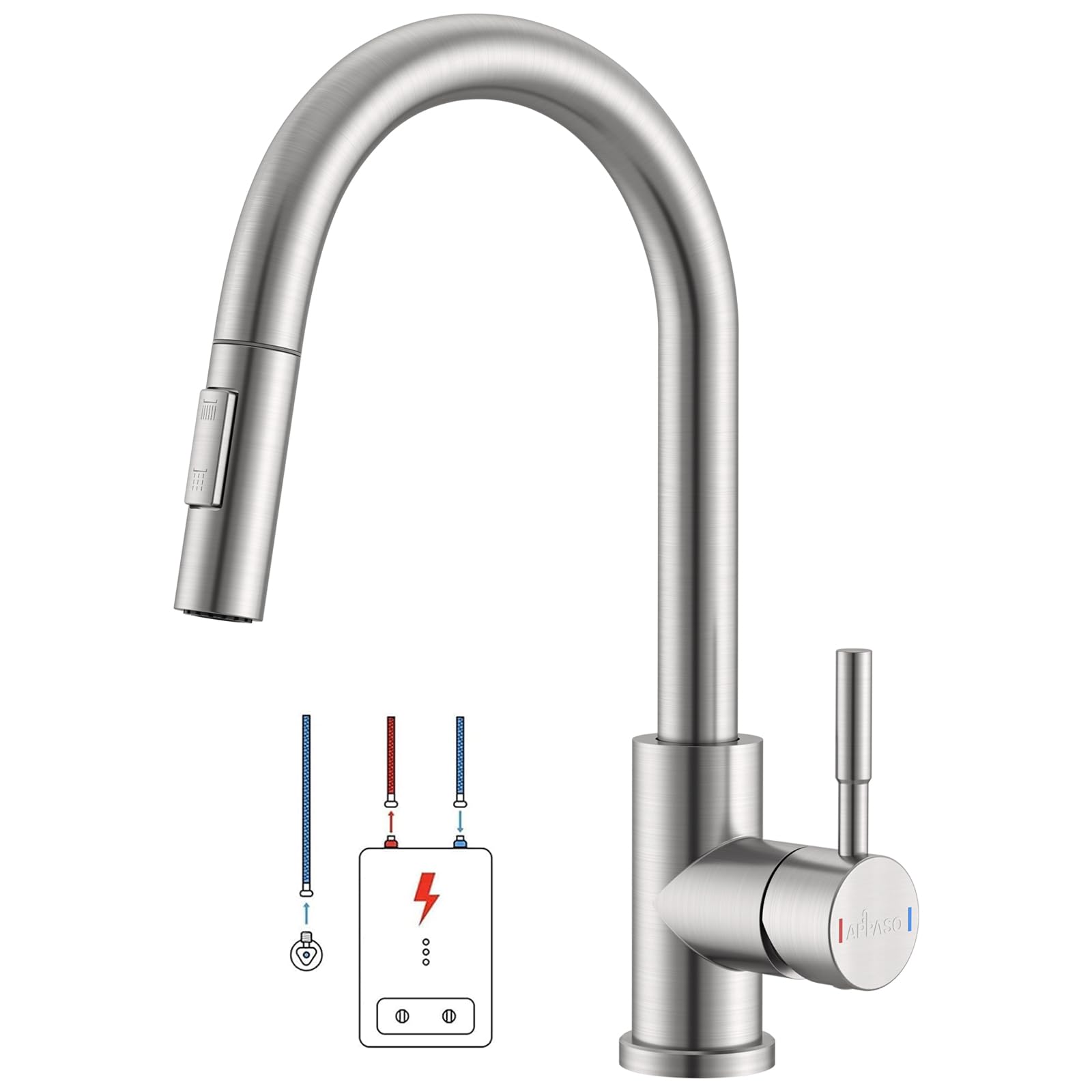 APPASO Niederdruck Armatur Küche, Niederdruck Küchenarmatur Ausziehbar, Wasserhahn Küche 3 Anschlüssen, Spültischarmatur Niederdruck mit 2 Strahlarten für Boiler Gebürstet