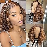 UKASI Highlight Bob Wig Honey Blonde 13x4 Hd Lace Front Wig Human Hair Short Curly Bob Wigs Pre Plucked With Baby Hair Deep Wave Lace Front Wig 180% Density Super Soft P4/27 Color 12inch