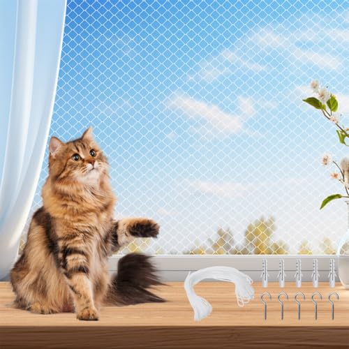 Rete per Gatti Rinforzata,3 x 8m Rete Gatti Balcone,Rete per Gatti Balcone Trasparente con di Corda di Fissaggio e Accessori,Resistente ai Raggi UV e Alle Intemperie, per Balconi,Finestre,Bianco