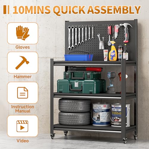 48" H Metal Garage Workbench with Pegboard,3-Tier Roling Tool Work Bench,Adjustable Heavy Duty Work Table on Wheels,Black Mobile Workstation for Garage Warehouse Workshop,Screwless Design - Image 5