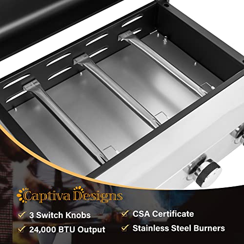 Captiva Designs Tabletop Griddle with Ceramic Coated Cast Iron Plate, 22 in Portable Flat Top Propane Gas BBQ Grill Griddle Camping, Outdoor & Tailgating, 24,000 BTU Output, 3 Stainless Steel Burners - Image 6