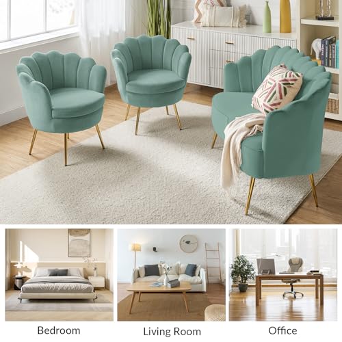 Image of HULALA HOME 3 Piece Velvet Living Room Furniture Set, Including Loveseat & 2 Sofa Chairs, Modern Comfy Upholstered 2-Seater Sofa & Accent Chair Set for Bedroom, Flower Shaped Back & Gold Legs, Sage