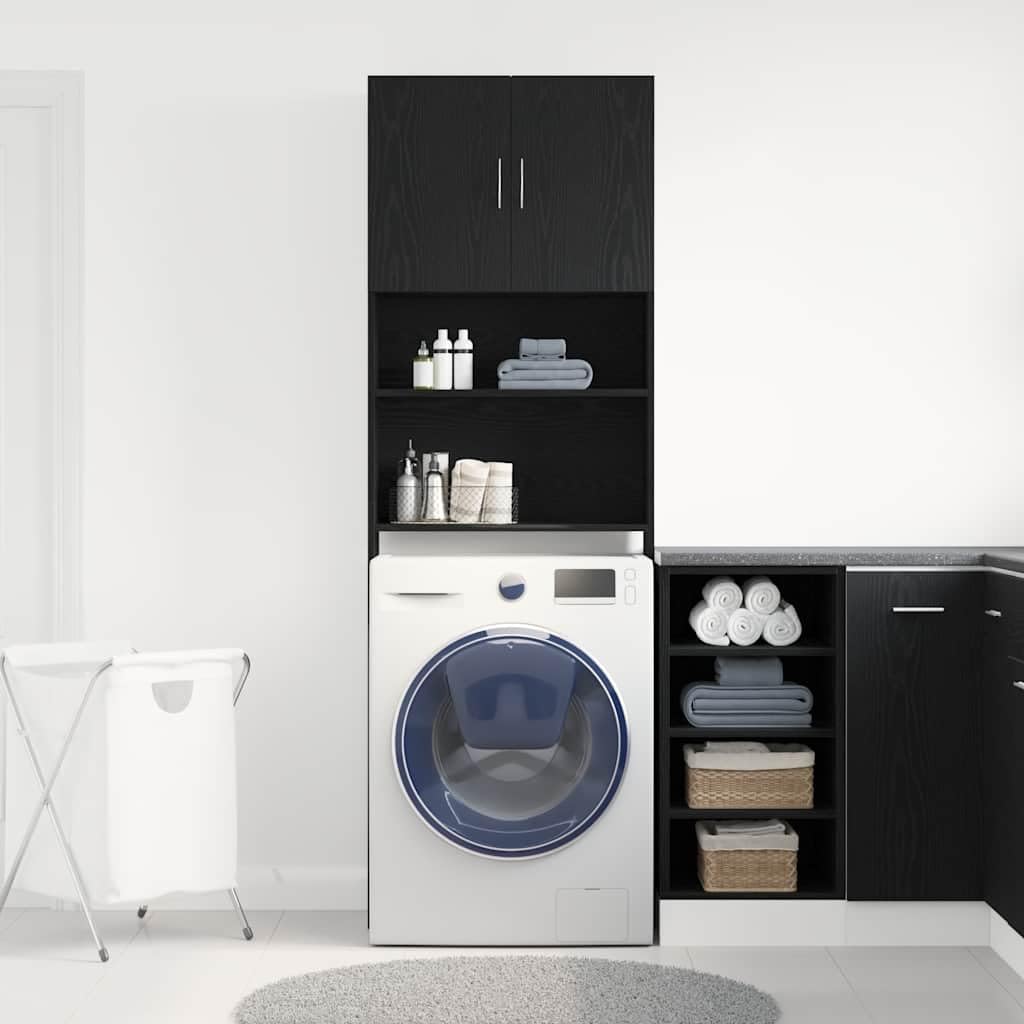 Armario para lavadora de madera de roble negro, 64 x 24 x 190 cm, con 2 puertas y 2 compartimentos abiertos, compartimento para lavadora de 88,5 cm