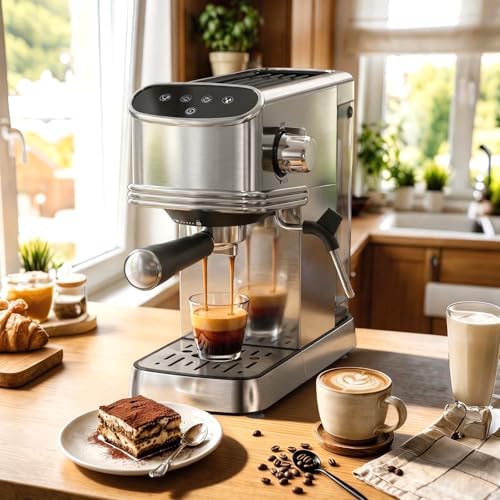 Kndko 20 Bar Espresso Machine, Espresso Maker with Milk Frother Steam Wand, Removable 45oz Water Tank, Compact Latte & Cappuccino Maker for Home & Office, Stainless Steel Color - 1