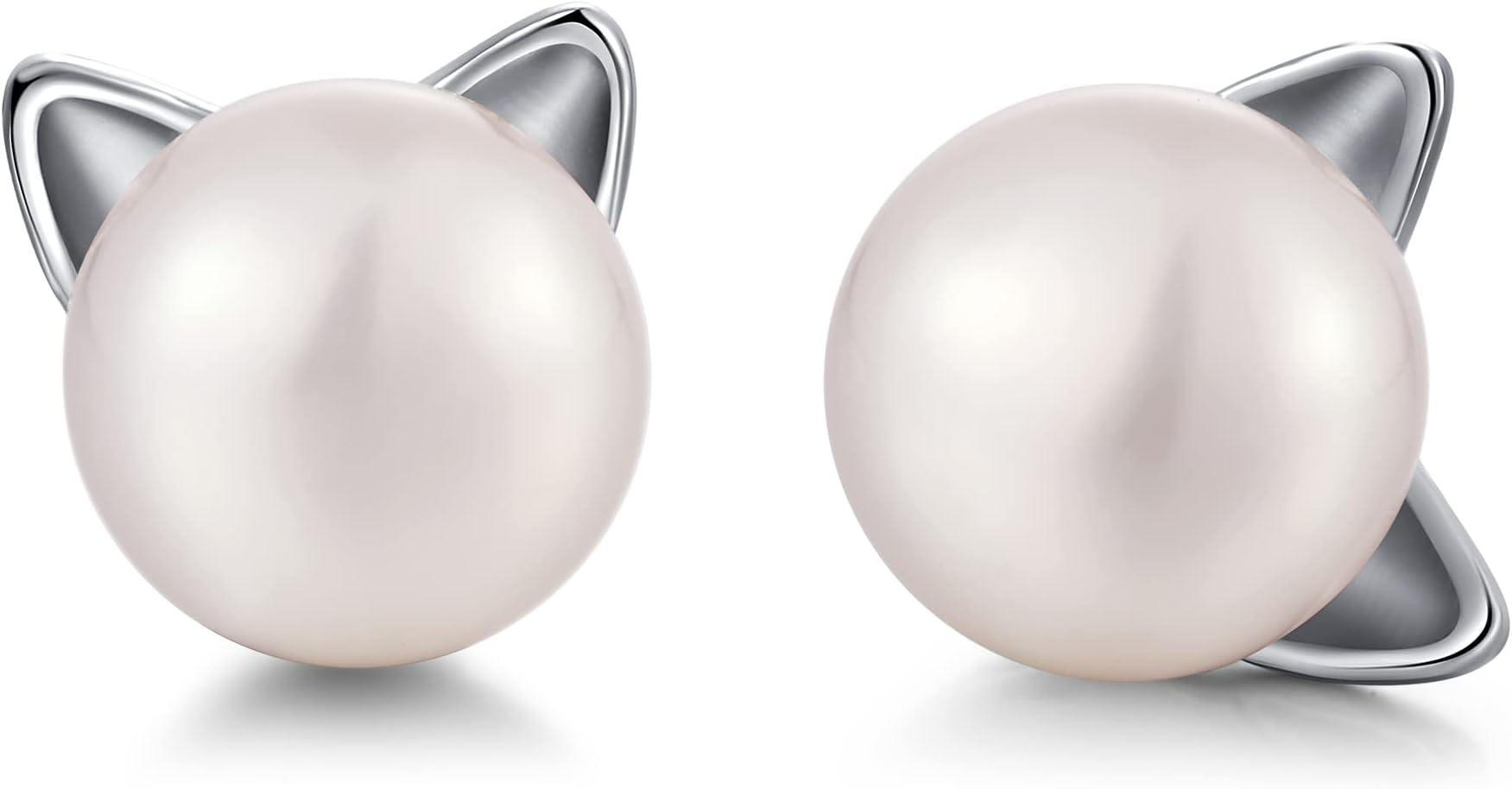 jiamiaoi 925 Sterling Silver Cat Pearl Earrings 7.5-8mm Freshwater Pearl Stud Earrings for Women Girls Cute Cat Earrings Silver Hypoallergenic Cat Stud Earrings