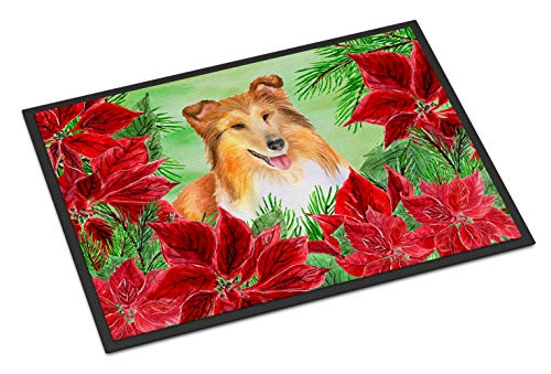 Caroline's Treasures CK1367MAT Sheltie Poinsettas Doormat 18x27 Front Door Mat Indoor Outdoor Rugs for Entryway, Non Slip Washable Low Pile, 18H X 27W