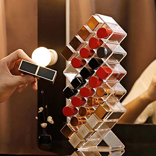 Image of JessLab Lipstick Organizers, Acrylic Holder Lip Gloss Tower Clear Cosmetic Fish Sticks Lip Makeup Storage for Bathroom Vanity Countertop, 28 Slots