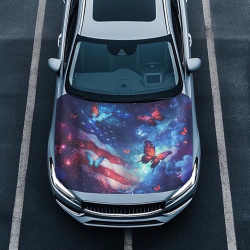 Image of American Flag Butterfly Car Hood Cover Hood Protector Waterproof Sun-Proof Auto Hood Flag Universal Automotive Exterior Accessories for Sedan SUV Truck Jeep