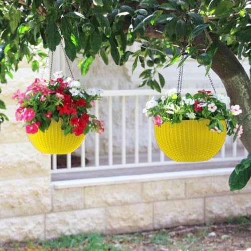 Image of Go Hooked Plastic Flower Hanging Planter, Yellow, Pot Diameter-7.1 Inch, Pot Height -4.8 Inch, Pot Thickness-3 mm, Chain Length-13 inch Approx., 7 Pieces