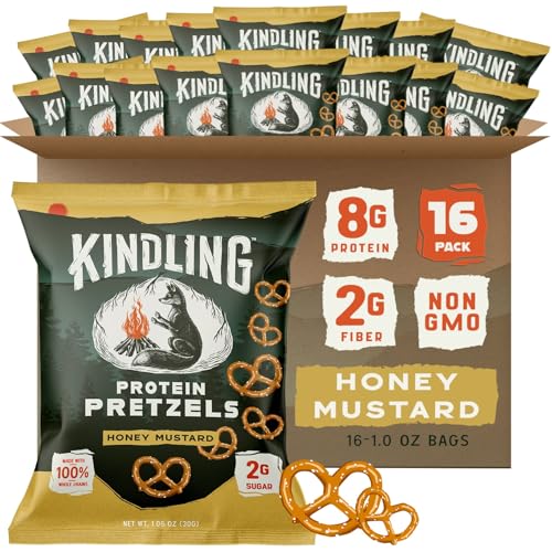 Kindling Protein Pretzels - Honey Mustard | Protein-Packed Snack Size Bags | Kosher | 8-9g Protein Per Serving | Only 1-2g of Total Sugar | No Artificial Flavors Soy-Free | Lunches Office Snacks & On-the-Go | 16-Count (1.06oz Bags)