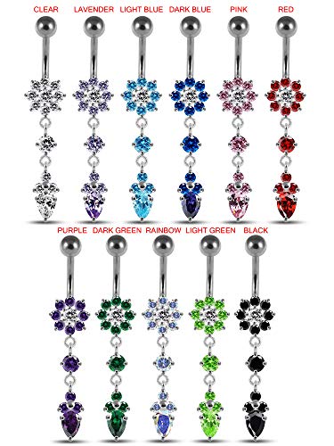 Silver Belly Rings Lavender Cz Crystal Gemstone Stylish Flower With Round And Mini Flower Dangling 925 Sterling Body Jewelry #TOP2