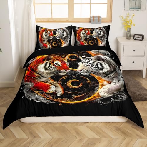 Feelyou Tiger Bedding Set King Size Safari Cat Print Comforter Cover Set for Boys Girls Teens Wildlife Duvet Cover Wild Animal Bedspread Cover Room Decor Black Quilt Cover，No Comforter