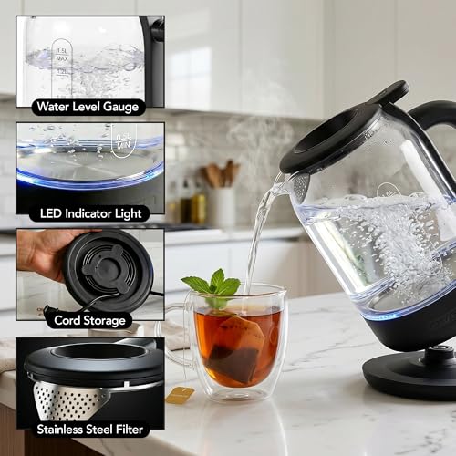 Image of OVENTE 1.5L Glass Electric Kettle Water Boiler, Black KG516B | 1500W Fast Boiling, Easy Fill Lid, Stainless Steel Filter, LED Indicator, Auto Shut-Off, Boil-Dry Protection, 360 Base
