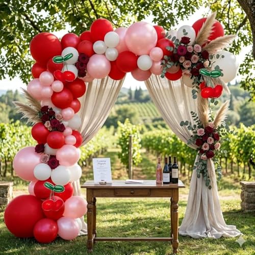 Image of Red Pink Balloon Arch Double Stuffed Latex Pink White Pearl Balloons Red Green Long Balloon Garland for Cheery On Top Baby Shower Birthday Valentines Bridal Shower Garden Berry Party Decoration