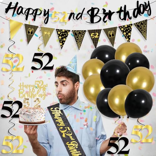 Image of 52nd Birthday Decorations for Men, Black Gold 52nd Party Decoration Kits | 27pcs Happy 52nd Birthday Set, Banner, Honeycomb, Balloons, Gold Number, Candle, Hanging Swirls, Cake Topper, Party Supplies