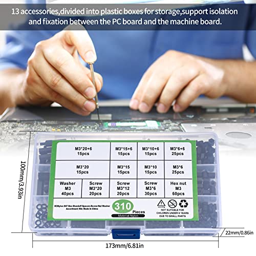 310 Stück M3 Nylon Schraube Mutter Abstandshalter, Männlich Weiblich Schwarz Nylon Sechskantschraube Distanzhülsen Sortimentssatz für Platinen Mainnboard Reparatur Zubehör