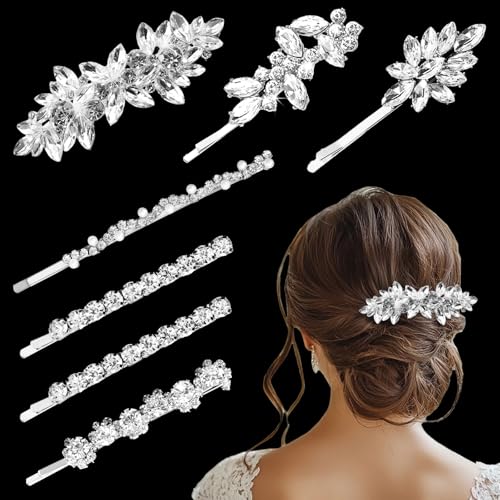 7 Pieces Bridal Hair Clips Silver Leaf Shapes Rhinestone Hair Pin...