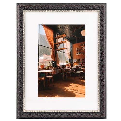 Image of Golden State Art, 12X16 Ornate Finish Photo Frame with White Mat for 8X12 Picture & Real Glass, Color: Black with Silver & Burgundy