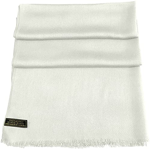 CJ Apparel Brilliant White Solid Color Fringe Design Nepalese Shawl Seconds Scarf Wrap Stole Throw Head Wrap Pashmina Hand Made in Nepal New3